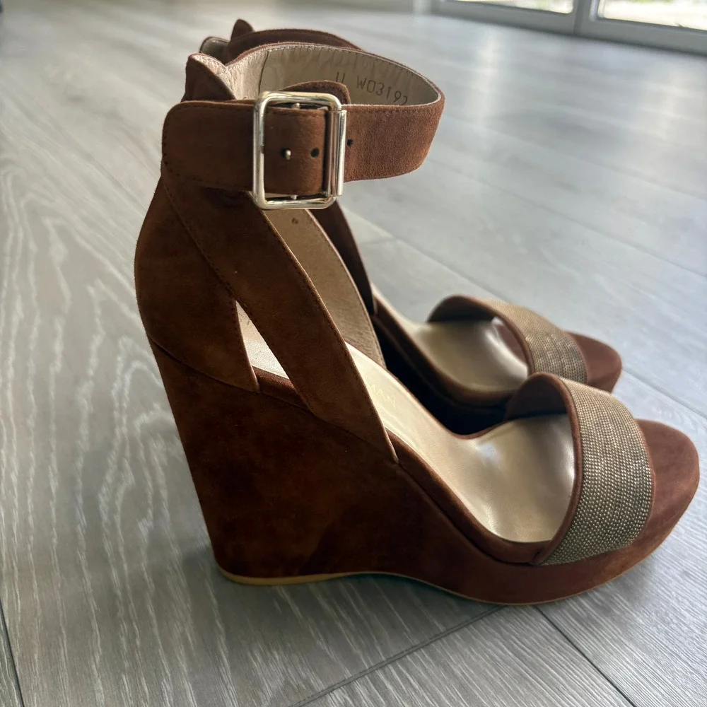 Stuart Weitzman Brown Suede Metallic Bead Wedge Sandals W03192 Womens 10 M